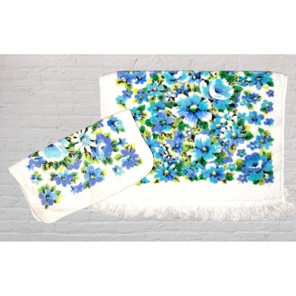 Vtg Springmaid Blue Floral Daisy Hand Towel Wash Cloth Set Cotton 2Pc MCM Retro - Picture 1 of 7